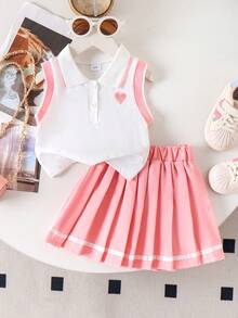 2pcs Girls' School Sports Heart Embroidery Sleeveless Polo Collar Top And Pleated Skirt Set, Summer - Pink - View 2