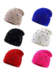 1pc Women's Fashion Colorful Rhinestone Brooch Punk Style Slouchy Knit Beanie Hat, Warm Woolen Cap For Autumn/Winter Outfits And Travel - A - View 2