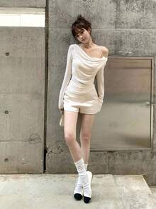 女士长袖T恤，白色，针织面料，露肩套头衫，春夏新品 - 白色 - 查看 7