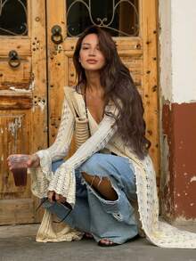 FOR BEAUTY V领长袖针织连衣裙，修身休闲度假设计，薄纱喇叭袖波西米亚风长裙，适合海滩、海边、游泳等场合。