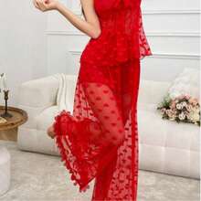 Valentine's Day Gift For Women,Red Heart - Print Lace Cami And Wide - Leg Pajama Set, Sexy Sleepwear For Women - 紅色 - 查看 3