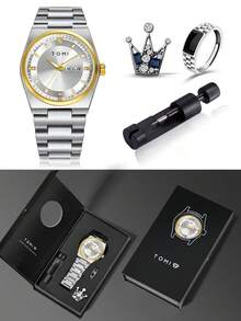 TOMI 男士腕表，配有表冠胸针、戒指、拆卸工具，简约设计，圆形表盘镶嵌钻石，锌合金表带，石英机芯，礼盒包装，适合日常生活、商务场合、父亲节、情人节、圣诞节等场合佩戴。 - 銀色 - 查看 12