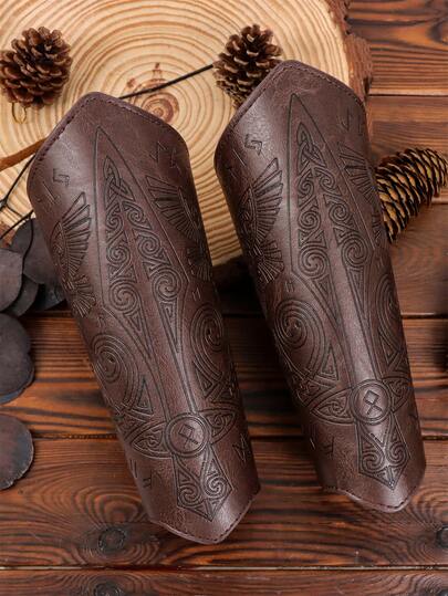 2 piezas Cubierta de muñeca de cuero PU con relieve medieval, protector de mano ajustable, adecuado para juegos de roles, actuaciones en el escenario y Halloween, accesorios de armadura de brazo de caballero de cuero sintético