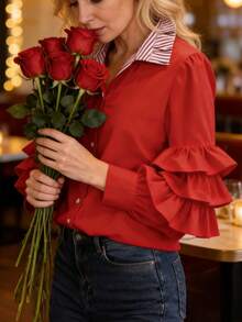 女士休闲舒适红色衬衫，采用三层荷叶边下摆设计，长袖，撞色条纹领口和门襟，单扣前襟，适合圣诞节、中国新年和情人节穿着。 - 紅色 - 查看 6