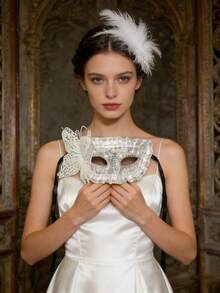 半脸超级仙女妆容舞会公主面具女性派对半脸珍珠蕾丝水钻角色扮演，仙女面具。 - 彩色 - 查看 3