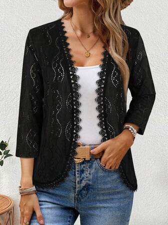 Yukiwi 女士黑色纹理针织七分袖开衫，秋/春季外套