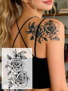 1-2周防水临时纹身贴纸，性感玫瑰、牡丹、兰花、蝴蝶、时钟多图案可选，天然植物成分，适用于手臂、大腿、胸部、背部、肩膀、锁骨等部位，适合DIY嘉年华、情人节、派对等场合。 - 藍色 - 查看 20