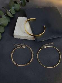 3pcs/Set Men Stainless Steel 18K Gold Plated C-Shaped Adjustable Bracelet With Chain, Suitable For Daily Wear, Father Day, Valentine Day, Anniversary, Boyfriend Birthday Gift - 金子 - 查看 3