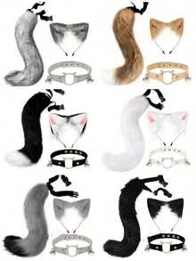 三件套猫咪服装套装，包括猫耳朵、毛绒尾巴、手工毛绒头箍，适合万圣节、情人节、复活节等节日派对，猫咪服装配饰套装，理想的新年、情人节礼物，新年派对服装，亲密服装，女士节日派对拍照道具（注意：由于运输原因，产品可能存在轻微掉毛，请在购买前仔细考虑），嘉年华 - 彩色 - 查看 1