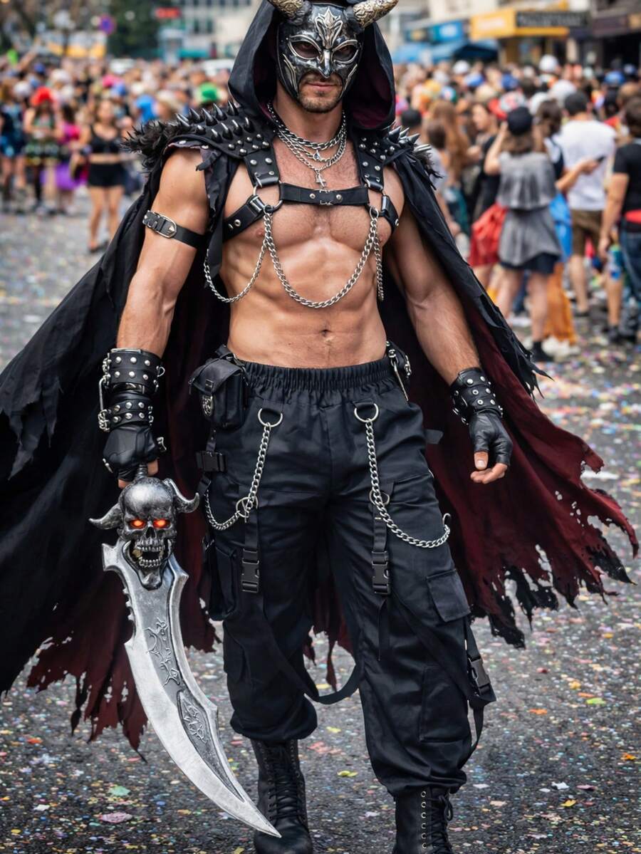 Calça TACTEL com Corrente - Bolsos - Trava engate rápido/modelo cargo/look festival/traje fantasia/cosplay/ccxp/coleçao carnaval 2026/masculina/unissex/lgbt/parada gay/traje gótico/punk - Preto - Visão 1