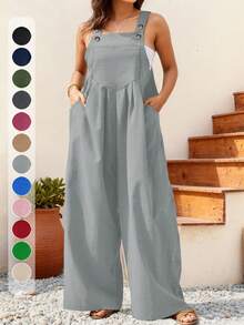 大码休闲纯色阔腿连体裤，春夏款 - 淺灰色 - 查看 1