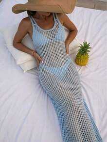 Women's New Vacation Style Elegant Sweet Sexy Hollow Out Sheer Knit Sleeveless Dress - Blue - View 2