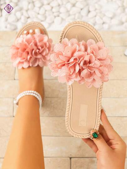 Sandal đế bằng đính đá hoa hồng cho nữ, sandal xỏ chân đa năng thoải mái cho hoạt động ngoài trời, dự tiệc, kỳ nghỉ, sandal đế bằng nhẹ, sang trọng, thoải mái và thanh lịch.