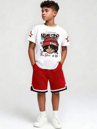 青少年男孩卡通图案印花圆领短袖T恤和短裤