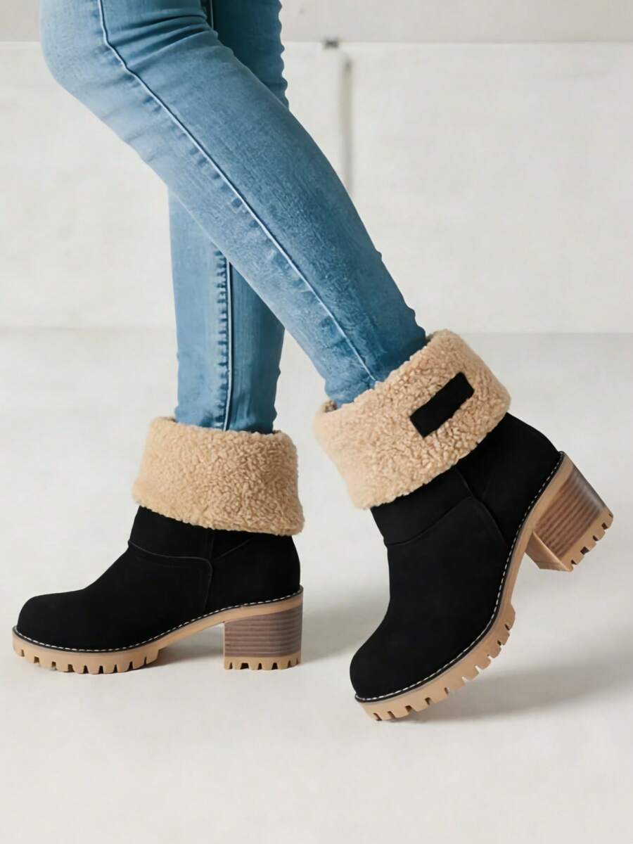 Stylish Women's Snow Boots, Thick-Soled Ankle Boots, Plus Fleece For Warmth, Perfect For Outdoor Work Women's Shoes - 黑色-B - 查看 1