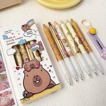 6pcs Retractable Cute Cartoon Capybara Pens, 0.5mm Black Ink, Soft Grip Barrel, Elegant Office & School Supplies, Unisex; Large Capacity Multi-Layer Pencil Case, Back To School Essential Stationery, Office Supplies, Valentine's Day Gift - Multicolor - View 8
