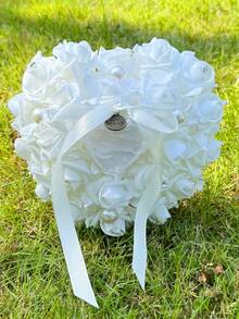 白色心形水钻结婚戒指枕，戒枕，水晶玫瑰蕾丝靠垫，适用于婚礼、周年纪念、情人节仪式 - 彩色 - 查看 11