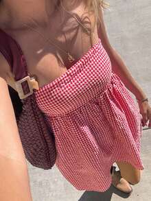 1pc Plaid Casual Vacation Backless Tube Dress Summer Elegant - Red - View 1