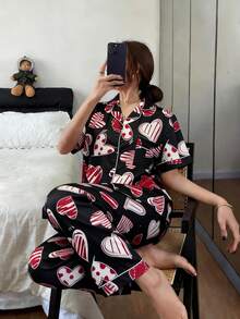 女士爱心印花翻领短袖上衣和长裤睡衣套装，休闲家居服两件套，春夏款 - 黑色 - 查看 5