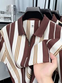 Áo Polo nam Pro Man Wardrobe kẻ sọc dọc, có cổ và khóa kéo, kiểu dáng thường ngày, phù hợp cho trang phục công sở nhẹ. - Cà phê nâu - Xem 5