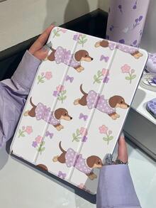 1个可爱卡通紫色小狗和花朵图案双面亚克力透明水晶后盖，防震，适用于iPad 7、8、10代（10.2英寸），内置笔槽，支持睡眠/唤醒功能，是理想的圣诞节和新年礼物