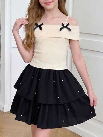 Prinsessenjurkset voor tienermeisjes, casual voor elke dag en schooloutfit, abrikooskleurige geribbelde off-shoulder top + zwarte strik + zwarte dubbellaagse rok + geplooide rok met imitatieparels, elastische taille, geschikt voor feestjes en banketten.