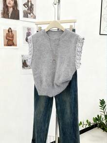 Áo khoác cardigan dáng midi không tay cổ tròn ren cỡ lớn, thích hợp cho du lịch ngoài trời, vui chơi, chụp ảnh, ăn trưa và các dịp khác, món đồ thiết yếu cho phụ nữ. - Xám - Xem 11