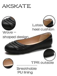 A Pair Of Round-Toe PU Leather Women's Flat Shoes, Comfortable, Stylish, Elegant, And Textured, Suitable For Home, School, Work, And Outdoor Walks. Excellent Value For Money, Perfect For Every Elegant Lady.Sporty    Plain / Plain Toe    Home - 黑色 - 查看 5