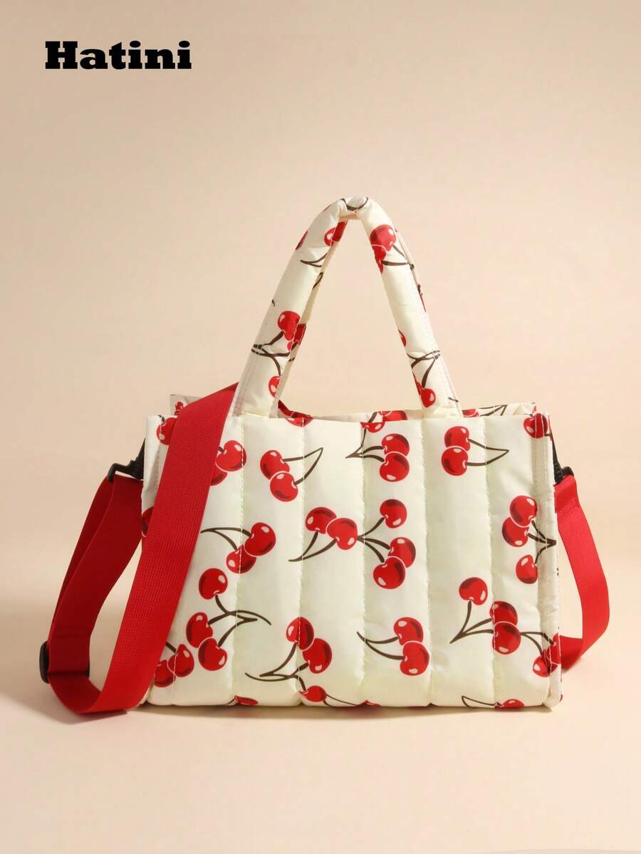 HATINI Autumn And Winter New Cherry Print Handbag, Quilted Cotton Fluffy Small Square Bag, Wide Shoulder Strap Casual Fashion Shoulder Bag Crossbody Bag, Suitable For Girls To Work, Commute, Date, Shopping, Leisure, Vacation, Thanksgiving, Halloween Gift Recommendation - 紅白色 - 查看 1