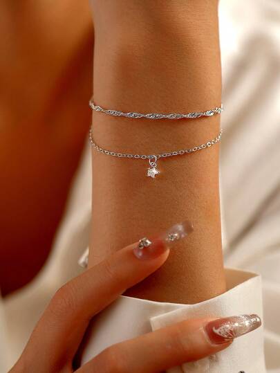 2pcs/Set Elegant Multilayer Strap Fashion Minimalist Silver Star Pendant Women Bracelet Jewelry Gift