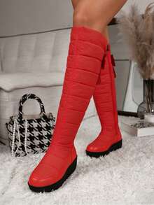 Platform Wedges Boots For Women Thigh High Outdoor Waterproof Boots Snow Over The Knee Boots Winter Warm Lined Fur Boots With Side Zipper Bow Wedges Heel Shoes - 紅色 - 查看 7