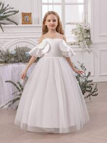 Tween Girl Bowknot Mesh Off-Shoulder Flower Girl Dress, Easter Princess Gown, Suitable For Baby Birthday Party, Prom, Special Occasions, Holidays, Flower Girl Wedding Dress - White - View 2