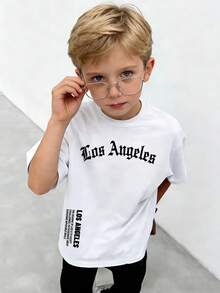 1pc Boys' Casual Printed Round Neck Short Sleeve T-Shirt, Summer Student Youth Apparel - Colorful Letter Print T-Shirt Brings Joy And Happiness To Every Child! LOS ANGELES - White - View 6
