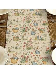 1 pieza Mantel con diseño de conejo de Pascua y flores, decoración de primavera y fiesta de Pascua, tela de poliéster, forma rectangular con acentos de conejo y flores de colores, adecuado para fiesta de Pascua o decoración de mesa de temporada - Verde - Ver 2