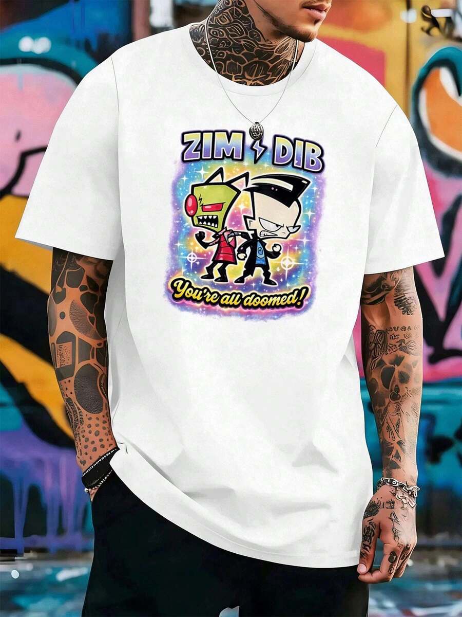 Zim Dib Cartoon Graphic Print T-Shirt, Premium Cotton, Round Neck, Loose Fit, Comfortable, Street Hip Hop Style. - White - View 1