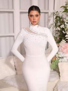 Modphy Romantic Black Long Sleeve Women's Formal Dress, Elegant Bandage Collar Maxi Dress Decorated With Pearls, Suitable For Formal Banquets, Holiday Parties And Other Occasions - White - View 3