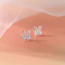 1 Pair Delicate Bow & Cute Rabbit Ear Creative Stud Earrings, Elegant Daily Accessory, Perfect Jewelry For Easter - Silver - View 3