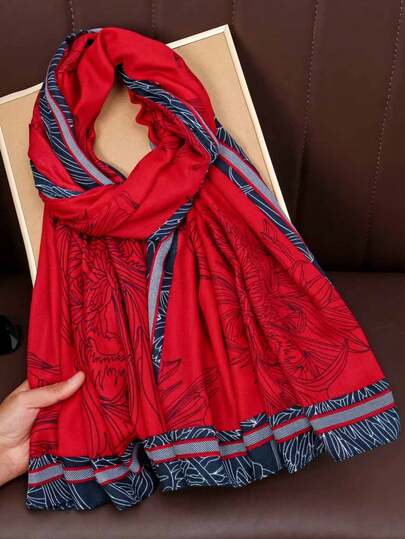 1pc Classic Linen Texture Striped & Floral Print Long Scarf, Vintage Travel Shawl Hijab