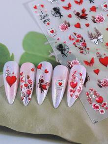 4 miếng dán móng tay nghệ thuật dập nổi 5D chủ đề Ngày Valentine, họa tiết trái tim đỏ, hoa hồng, ren, nơ và thiên thần, decal móng tay khắc 5D, đồ trang trí móng tay tự dính, dụng cụ làm móng dành cho nữ. - Nhiều màu - Xem 7