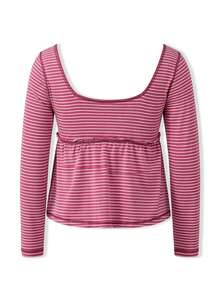 Women Long Sleeve Babydoll Tops Slim Solid/Striped Square Neck Crop Shirts For Spring Fall - Red - View 7