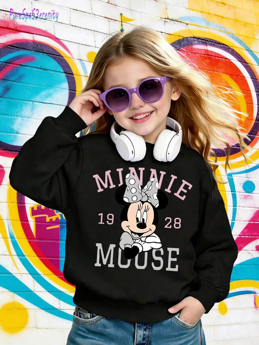 Disney Official Licensed Classic Minnie Mouse 1928 Graphic Print Girls Cute Casual Sweatshirt Soft Comfortable Versatile Everyday Wear For School Play And Home - Black - View 1