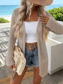 Plus Size Solid Color Hollow Out Casual Cardigan, Suitable For Beach, Resort, Spring/Summer Casual Wear For Women - Khaki - View 7