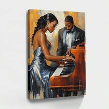 1pc Valentine Day Gift, Spring Wall Art, Christmas Decor Wooden Framed Wall Art, Wrapped Canvas Vintage Prints Poster, Man And Woman Playing Piano, Musical Performance, Formal Attire - Modern, Realistic Painting, Detailed, Classic Style, Birthday Party Decor, Decorative Wall Art for Living Room Bedroom Office, Hanging Hardware Included - Wrapped Framed Canvas, Vertical - Lienzo enmarcado - Ver 1