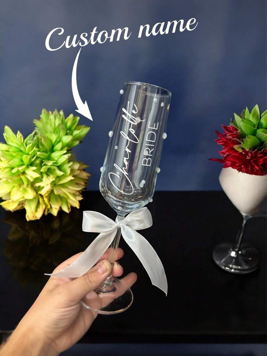 个性化新娘香槟杯，仿珍珠水晶玻璃高脚杯，生日快乐香槟杯，可定制新娘及伴娘香槟杯 - 可重复使用且可清洗，定制香槟杯/新娘伴娘葡萄酒杯/婚礼派对杯/婚礼用品/香槟杯/香槟高脚杯/伴娘/新娘/单身派对/新娘母亲/生日派对 - 多色 - 查看 1