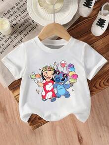 Disney Girls' T-Shirt, Creative Lilo & Stitch Cartoon Double-Sided Print, Summer Girls' Cotton Crew Neck Short Sleeve, Perfect For Everyday Wear, Vacations, Outdoor Activities, And As A Gift For Kids. - trắng - Xem 4