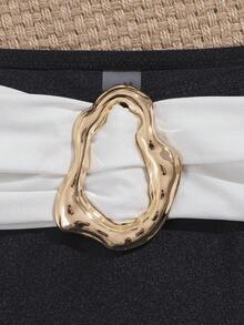 wohenmeili 撞色拼接金属装饰比基尼套装，度假海滩夏季 - 黑與白 - 查看 6