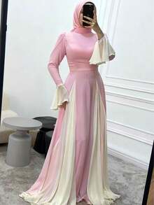 女士纯色雪纺腰部荷叶边下摆优雅袖阿拉伯风格连衣裙 - 粉色 - 查看 4