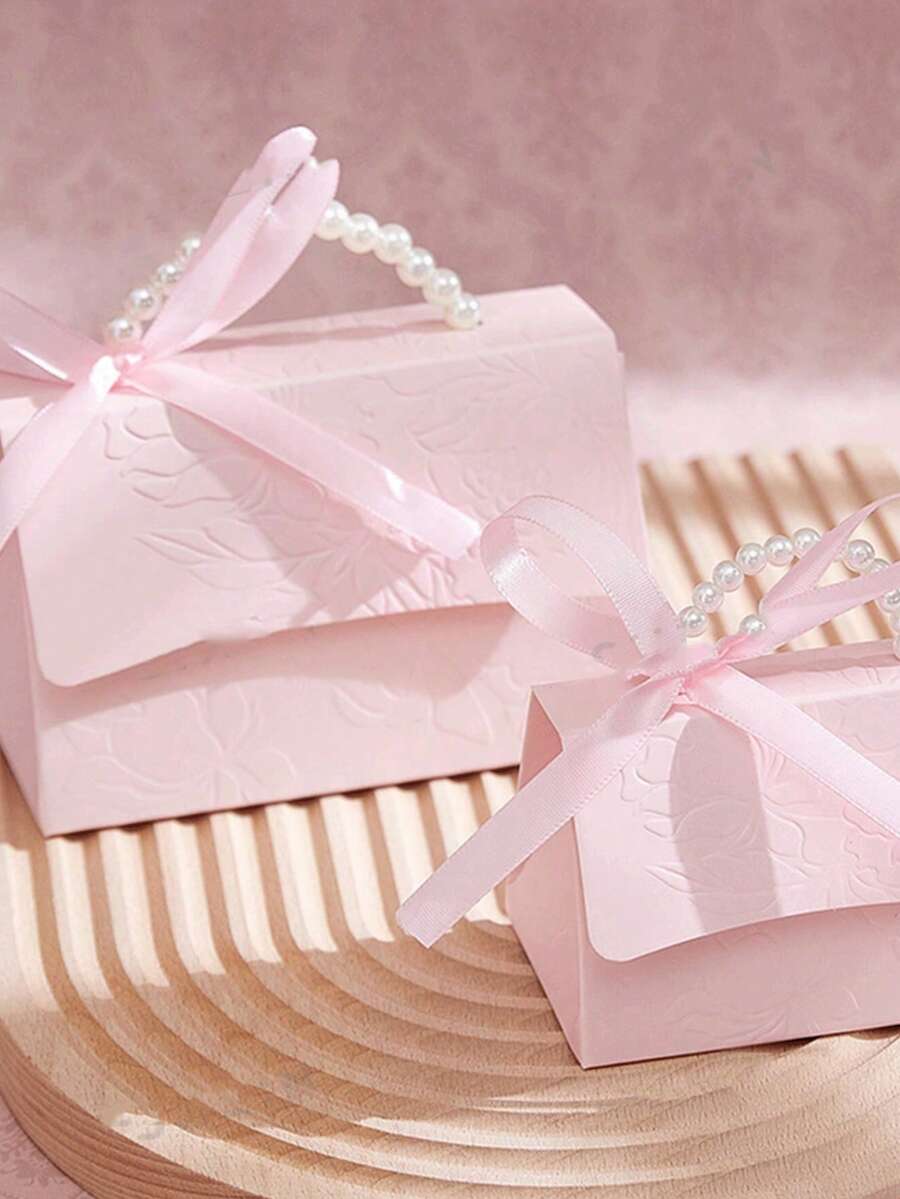Set Of 10, Faux Pearl Decorated Gift Bags, Simple Party Packaging Bags, Paper Gift Boxes With Pearl Handles, Delicate Pink Valentine's Day And Wedding Gift Boxes, Embossed Printed Candy Boxes, Mini Packaging Bags, Gift Boxes, Small Gift Boxes, Wedding Gifts, Christmas And Wedding Candy Boxes, High-End Wedding Candy Boxes, Empty Boxes, High-End Non-Foldable Souvenir Boxes - Multicolor - View 1