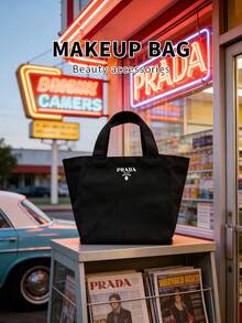 Prada Bolsa de maquillaje portátil de alta gama para mujeres, organizador de cosméticos de gran capacidad para viajes - Negro - Ver 4