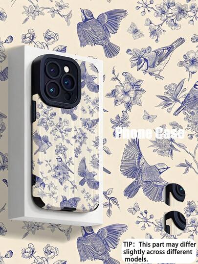 1pc Fashionable Minimalist Blue & Purple Floral Bird Illustration Vertical Stripe Faux Leather Protective Soft Phone Case, Suitable As Birthday, Holiday Gift For Friends, Family, Couples, Fits 17/17 Air/17 Pro/17 Pro Max, 16/16 Plus/16 Pro/16 Pro Max, 15/15 Plus/15 Pro